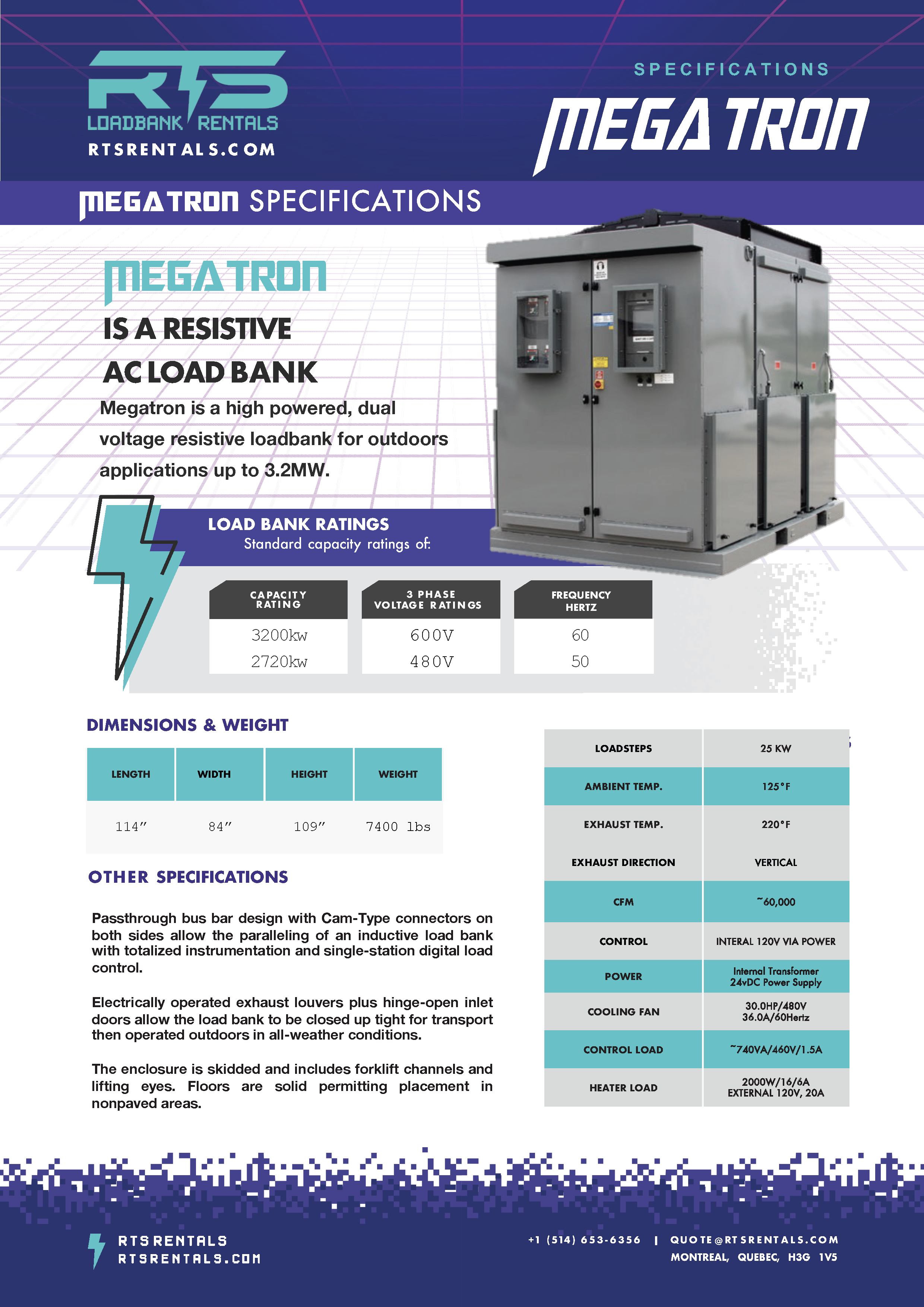 megatron specifications sheet describing the dimensions and load ratings