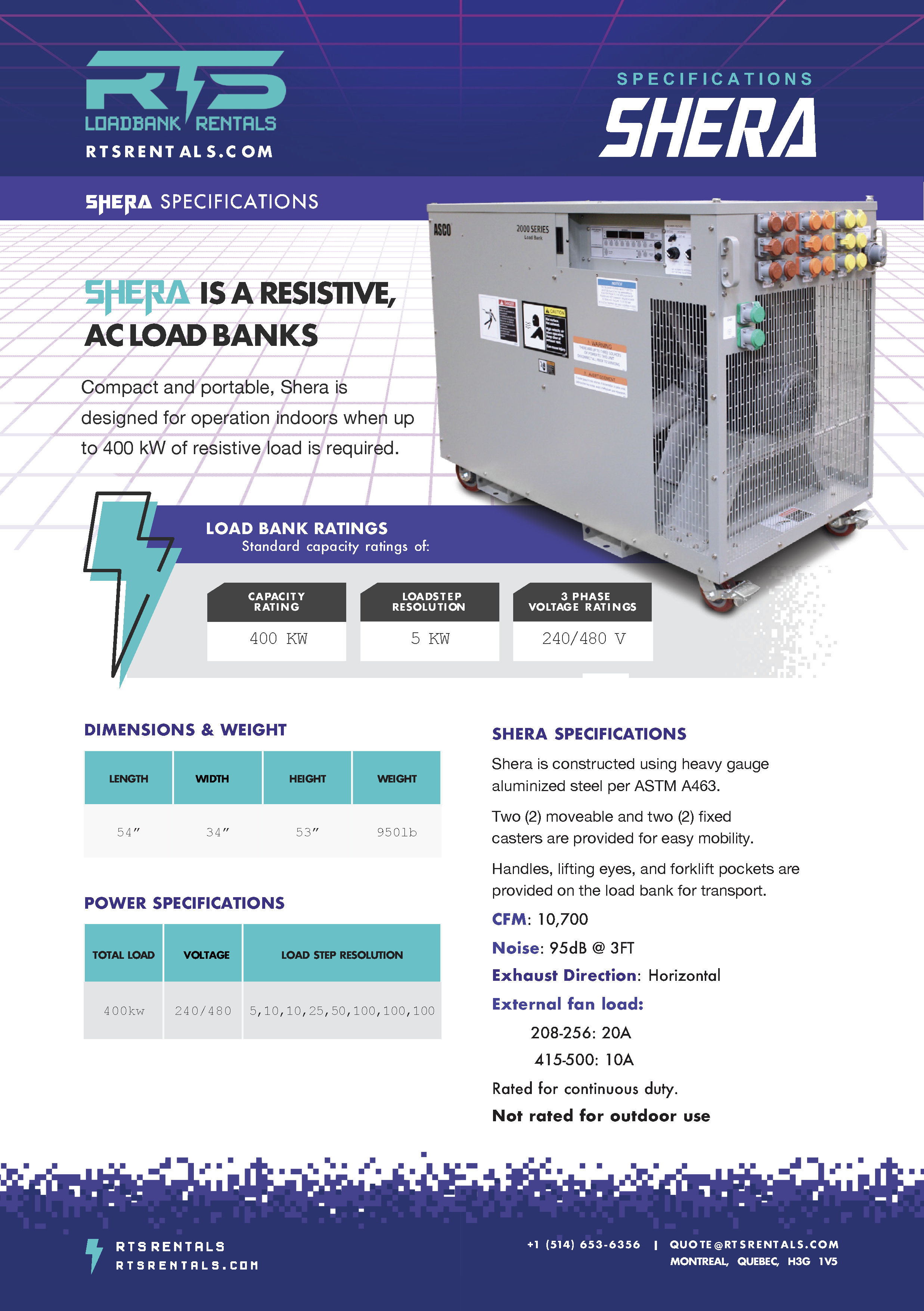 shera specifications sheet describing the dimensions and load rating